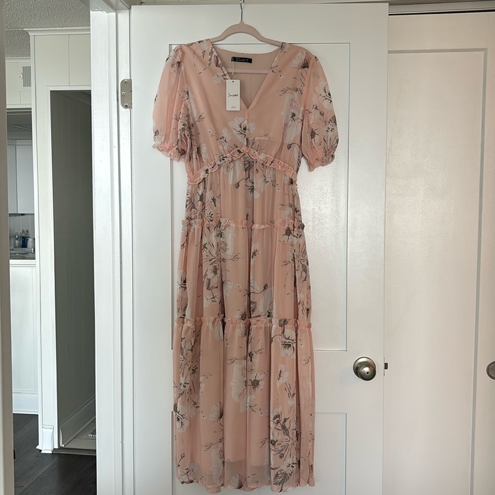 Amegoya Short Sleeve V Neck Floral Maxi Dresses Boho Flowy Ruffle Long Dress